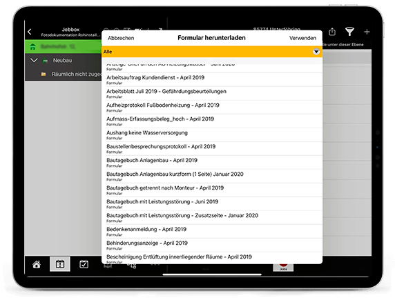 Screenshot myTGA Formularwesen auf iPad