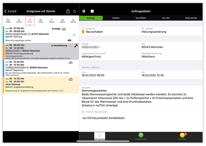 Screenshot der myTGA App zur Auftragsabarbeitung direkt vor Ort auf der Baustelle